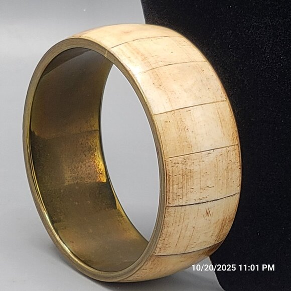 Cuff Bangle Bracelet Brass Bone Inlay Casual Boho Vintage 70s - Picture 1 of 4